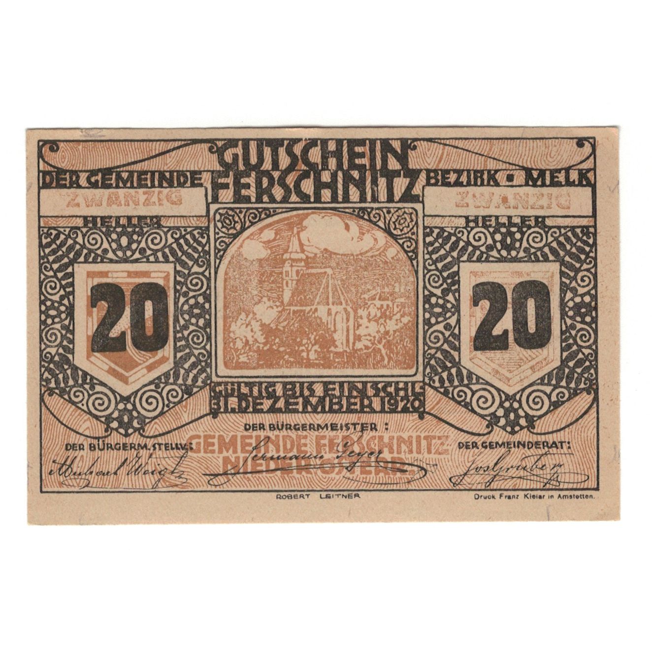 Billete, Austria, Ferschnitz N.Ö. Gemeinde, 20 Heller, Texte 2, 1920