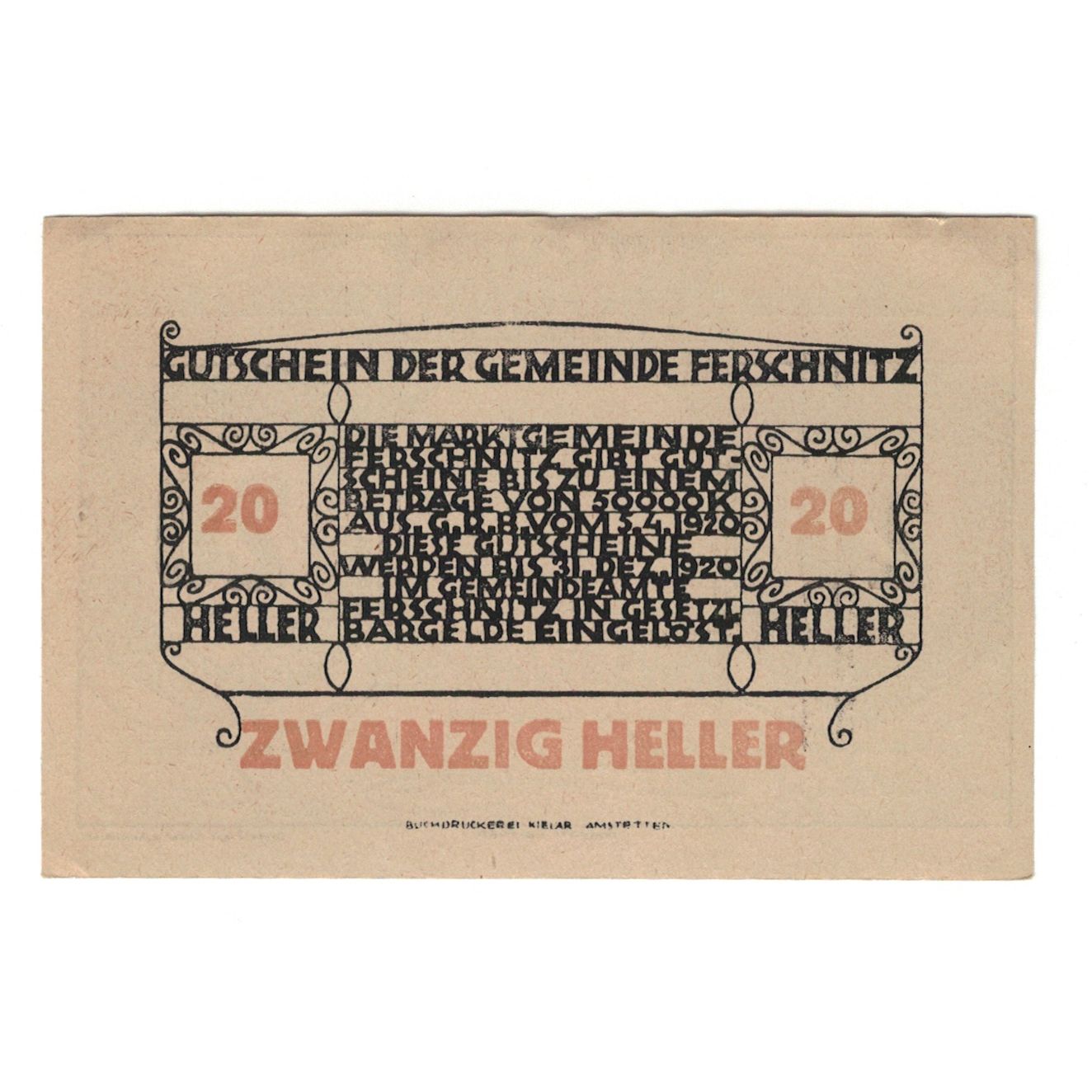 Billete, Austria, Ferschnitz N.Ö. Gemeinde, 20 Heller, Texte 2, 1920