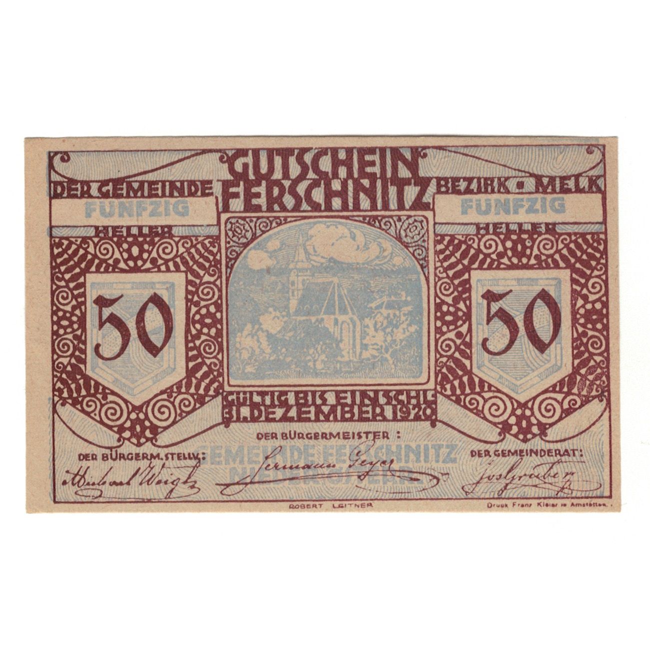 Banconote, Austria, Ferschnitz N.Ö. Gemeinde, 50 Heller, Texte, 1920