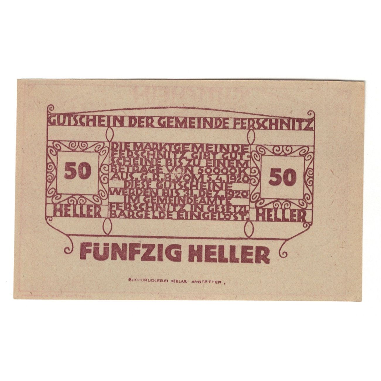 Banconote, Austria, Ferschnitz N.Ö. Gemeinde, 50 Heller, Texte, 1920