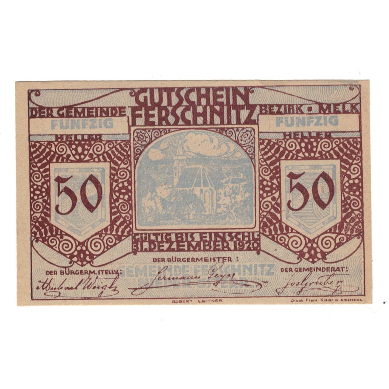 Banconote, Austria, Ferschnitz N.Ö. Gemeinde, 50 Heller, texte 1, 1920