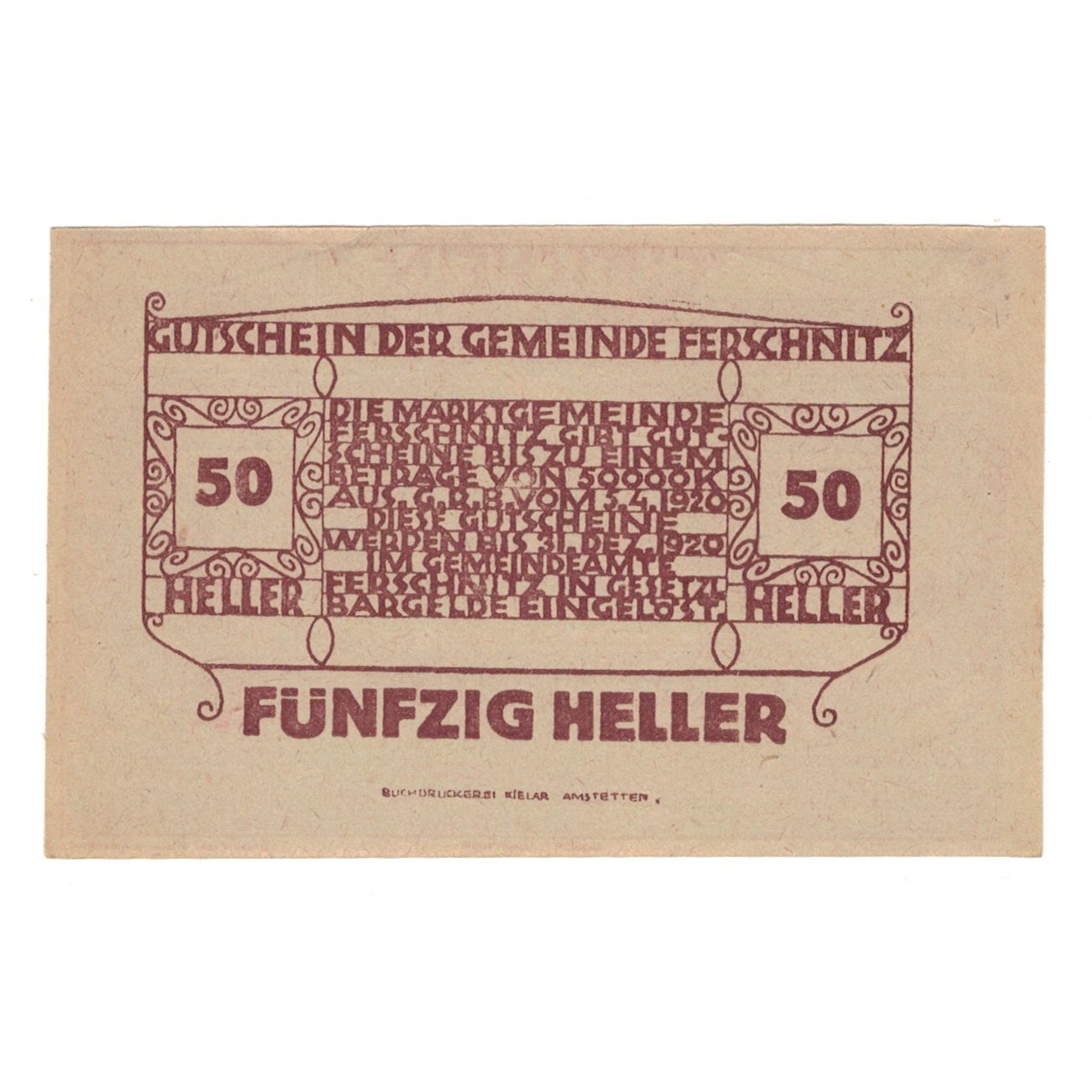 Banconote, Austria, Ferschnitz N.Ö. Gemeinde, 50 Heller, texte 1, 1920