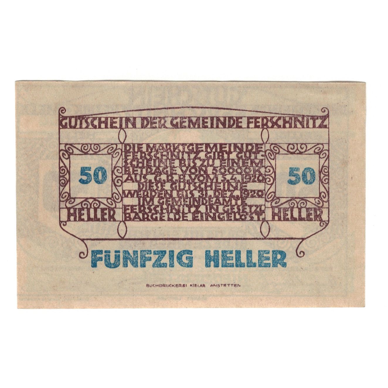 Banconote, Austria, Ferschnitz N.Ö. Gemeinde, 50 Heller, Texte 2, 1920