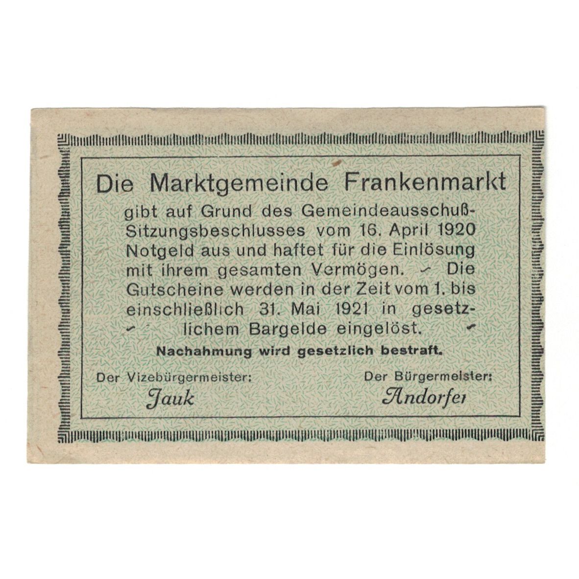 Banknote, Austria, Frankenmarkt, O.Ö., Gemeinde, 50 Heller, Texte, 1921