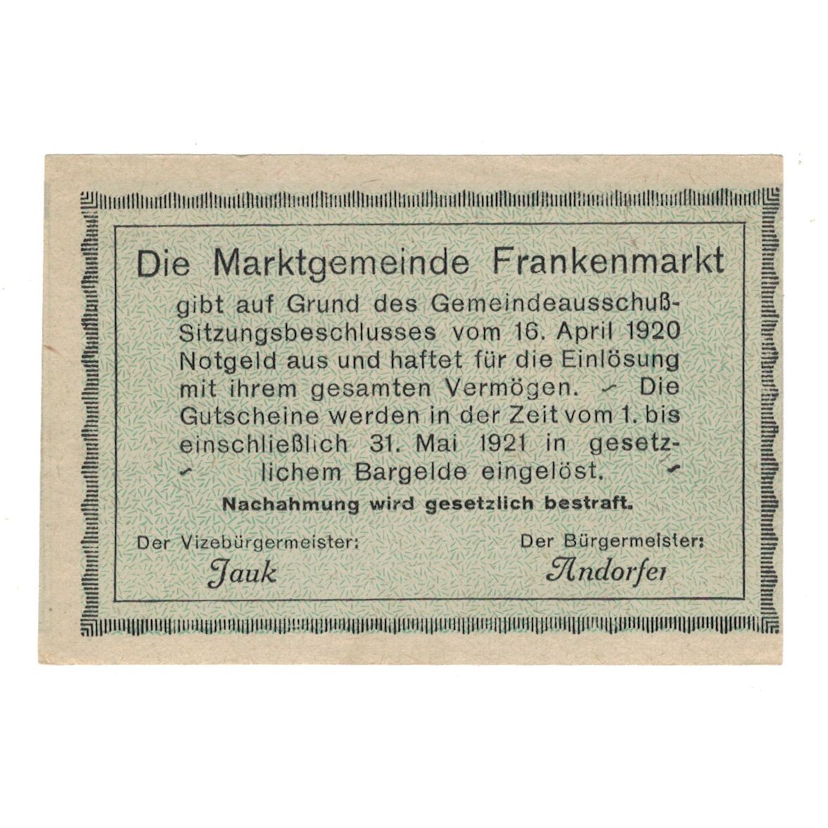 Banknote, Austria, Frankenmarkt, O.Ö., Gemeinde, 50 Heller, texte 1, 1921