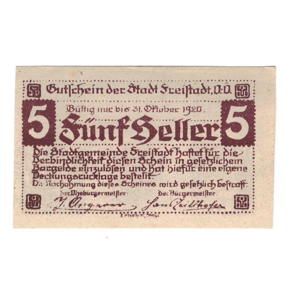 Banknote, Austria, Freistadt O.Ö. Stadtgemeinde, 5 Heller, Blason, 1920