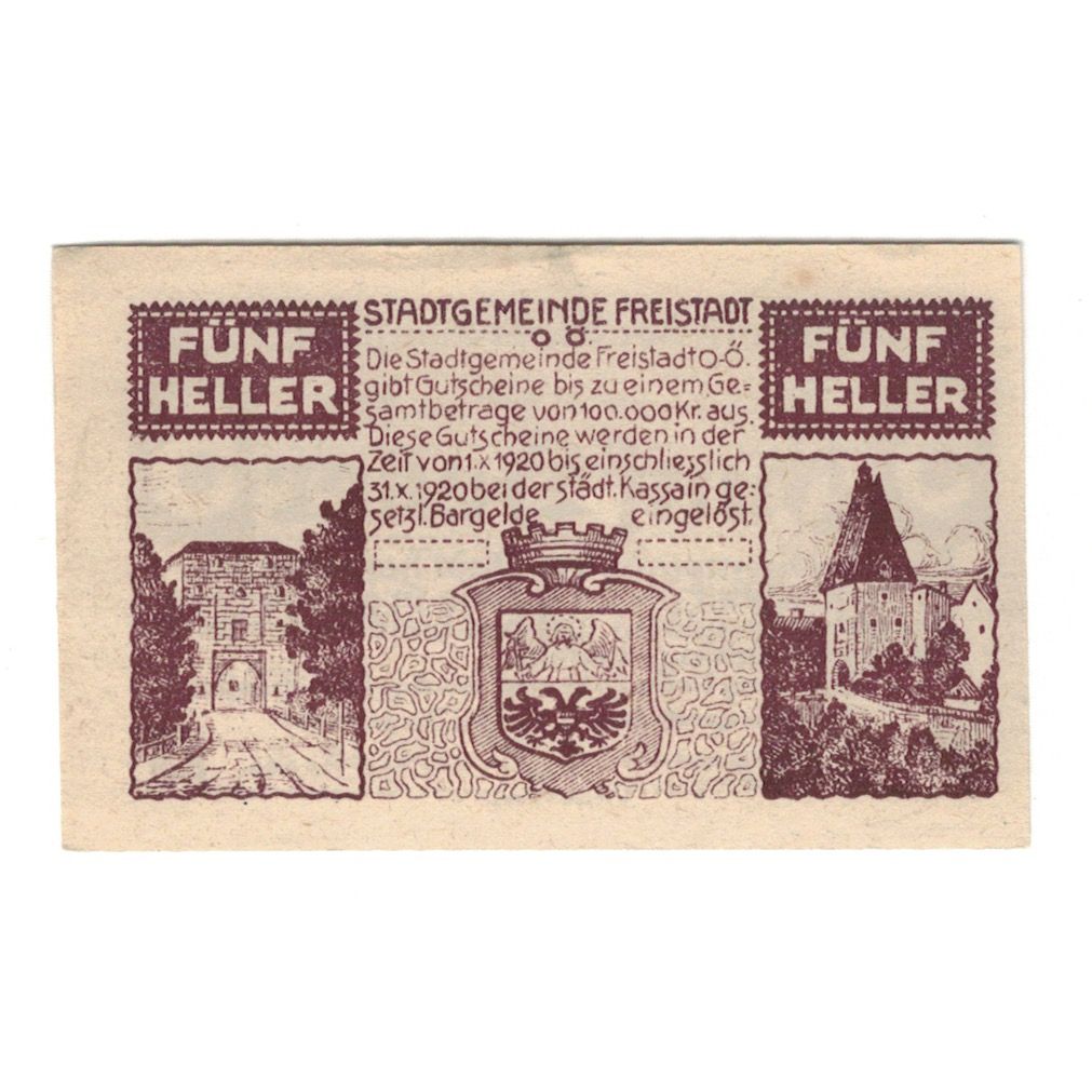 Banknote, Austria, Freistadt O.Ö. Stadtgemeinde, 5 Heller, Blason, 1920