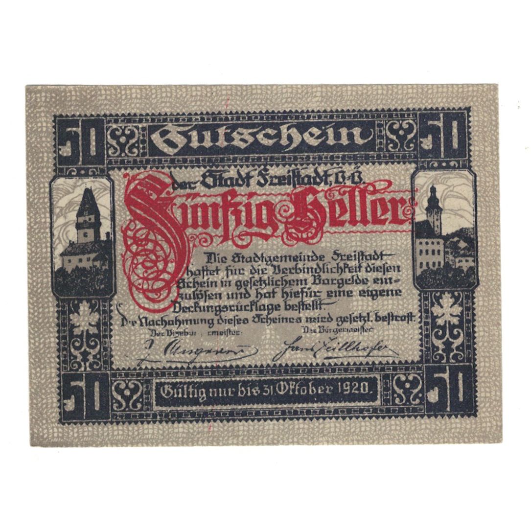 Banknote, Austria, Freistadt O.Ö. Stadtgemeinde, 50 Heller, Batiment, 1920