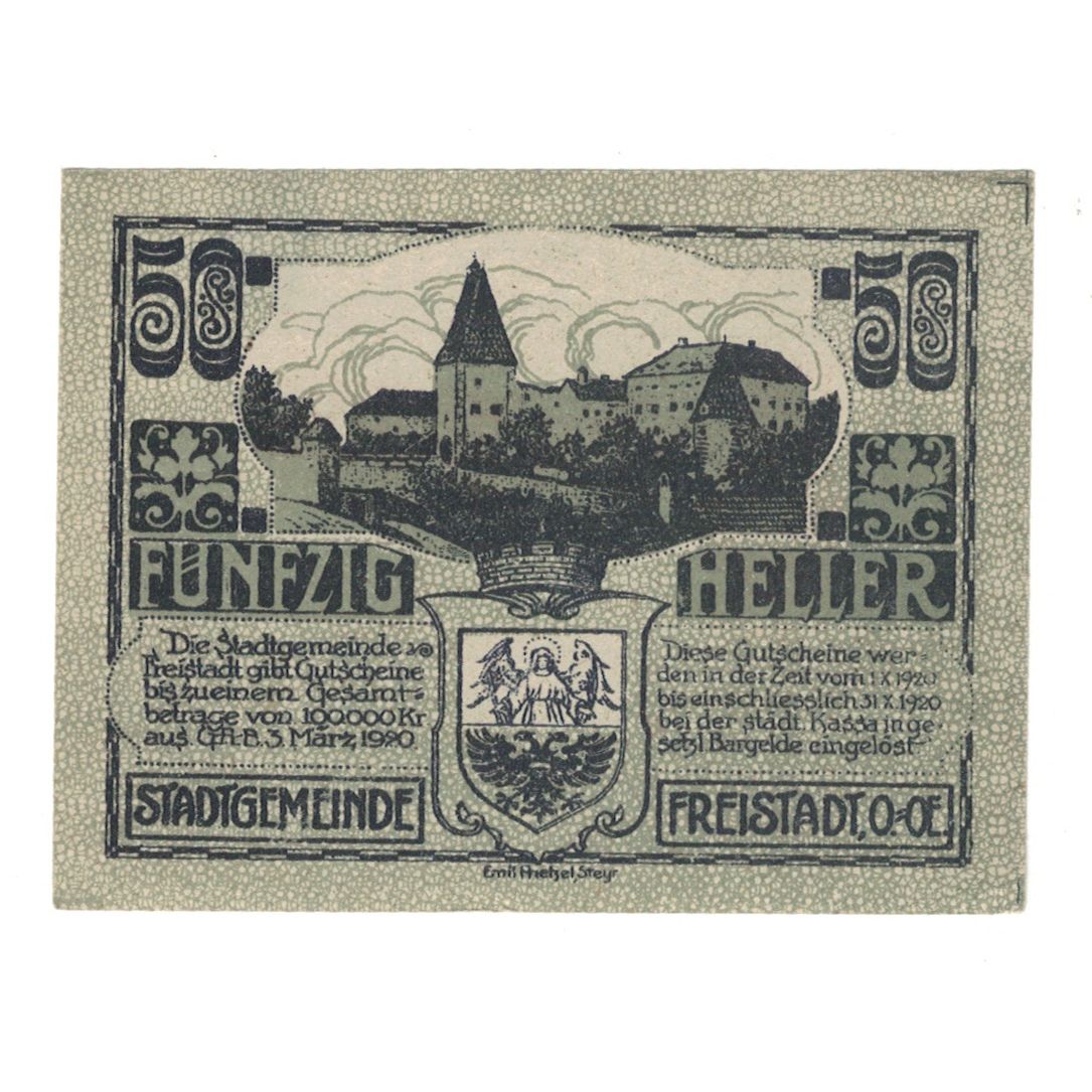 Banknote, Austria, Freistadt O.Ö. Stadtgemeinde, 50 Heller, Batiment, 1920