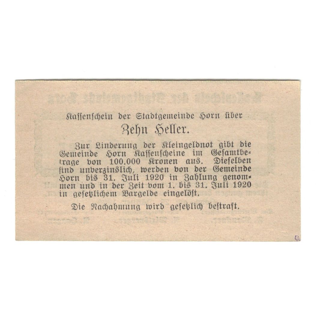 Banknote, Austria, Horn N.Ö. Stadtgemeinde, 10 Heller, Texte, 1920, 1920-07-31