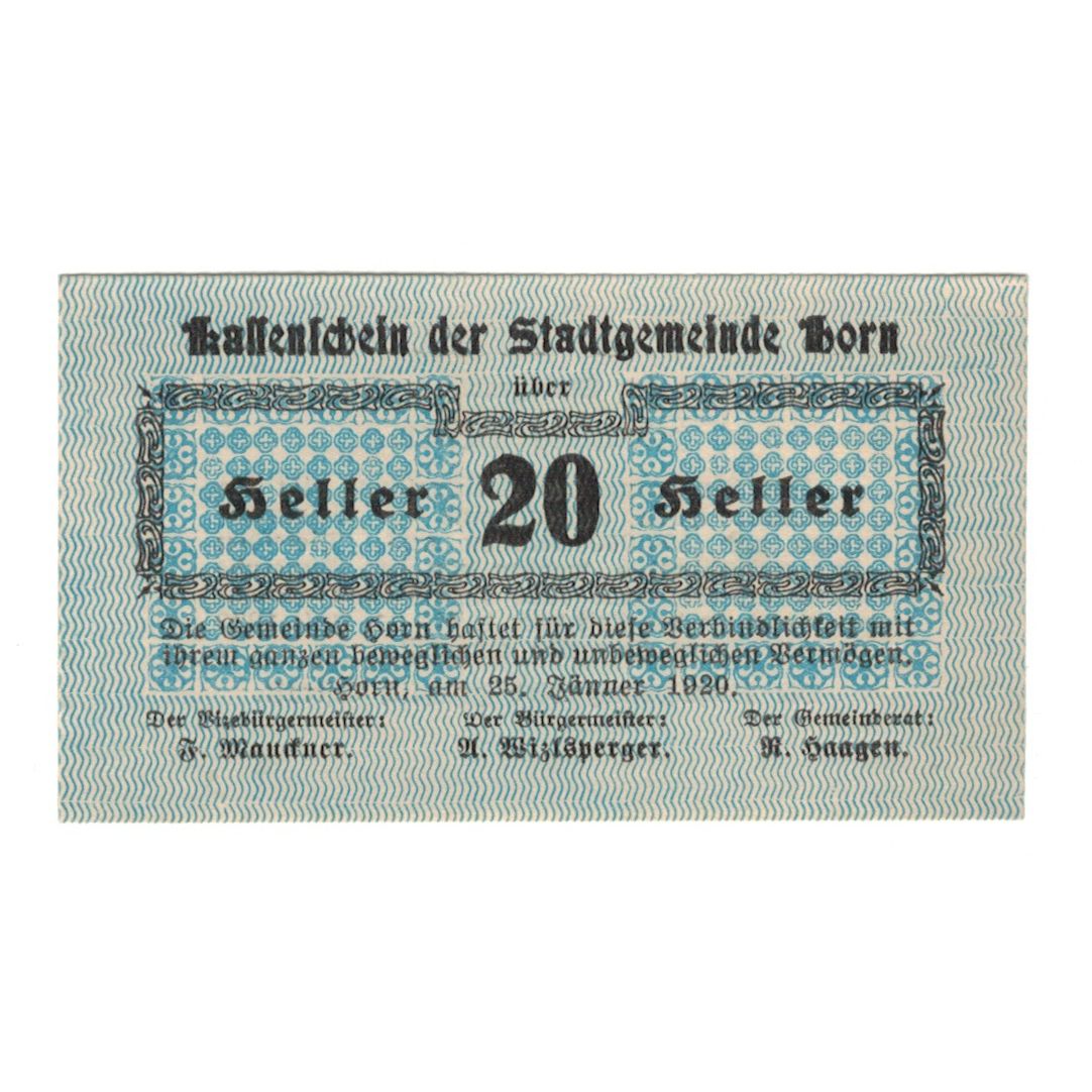 Banknote, Austria, Horn N.Ö. Stadtgemeinde, 20 Heller, Texte, 1920, 1920-07-31