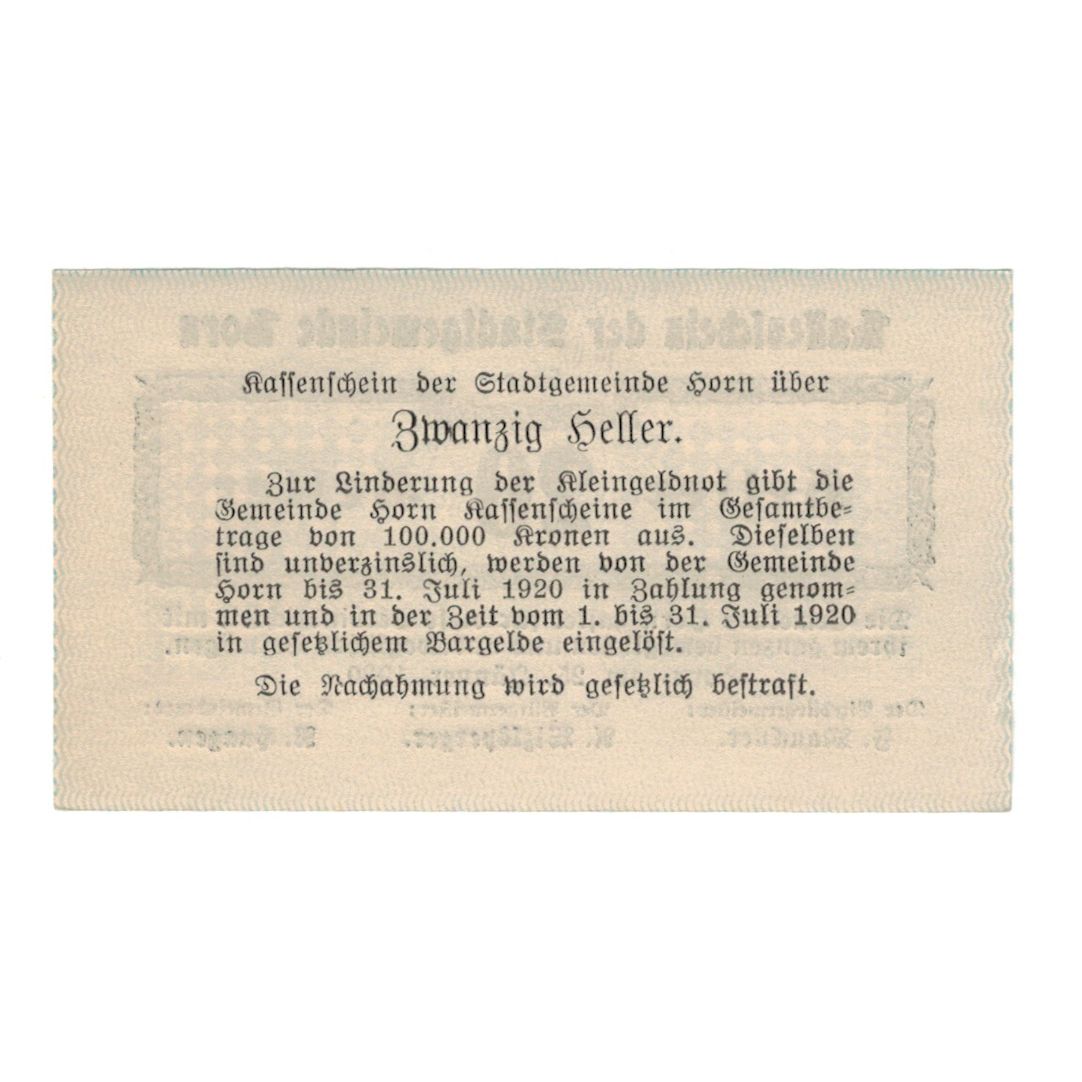 Banknote, Austria, Horn N.Ö. Stadtgemeinde, 20 Heller, Texte, 1920, 1920-07-31