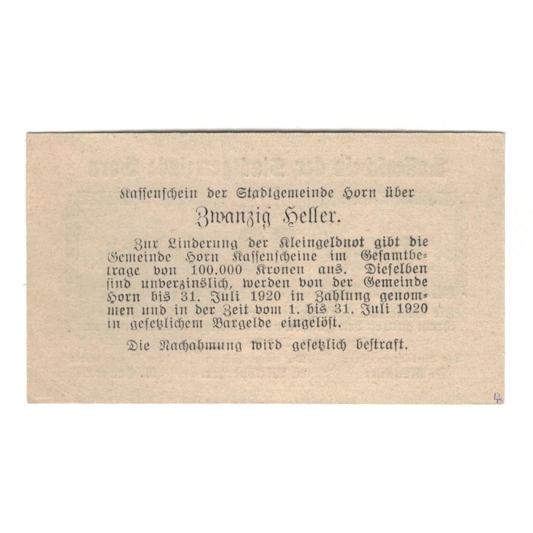 Banknote, Austria, Horn N.Ö. Stadtgemeinde, 20 Heller, texte 1, 1920