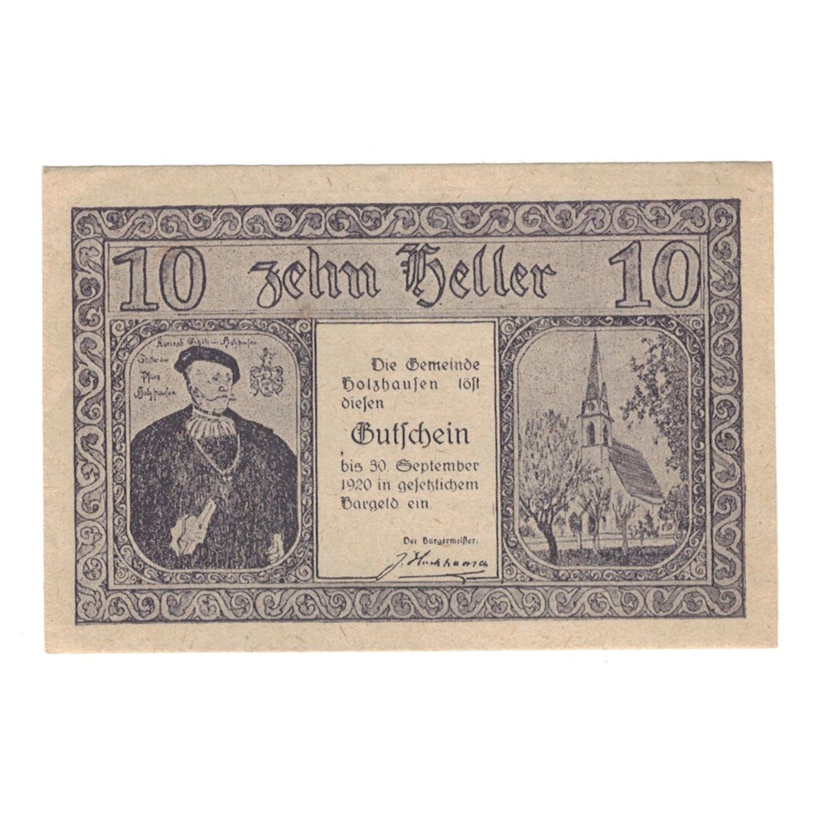 Banknote, Austria, Holzhausen O.Ö. Gemeinde, 10 Heller, Batiment, 1920