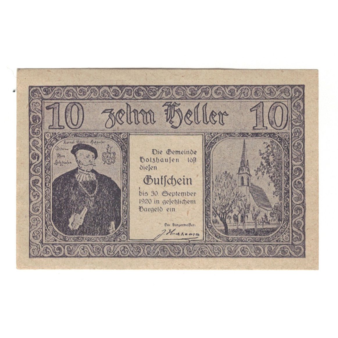 Banknote, Austria, Holzhausen O.Ö. Gemeinde, 10 Heller, batiment 1, 1920