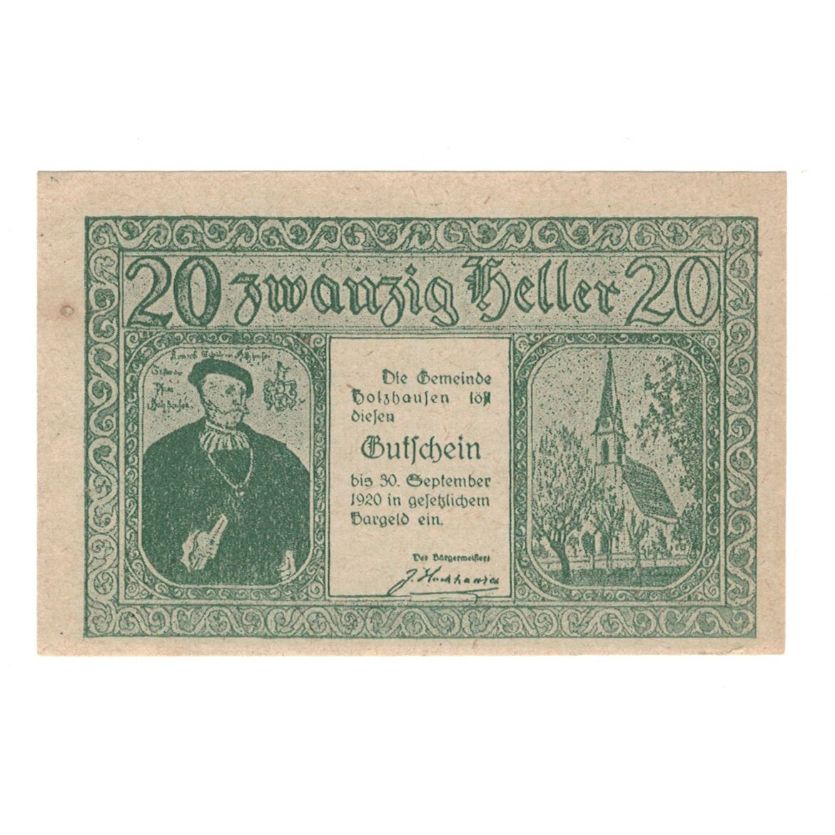 Banconote, Austria, Holzhausen O.Ö. Gemeinde, 20 Heller, Batiment, 1920