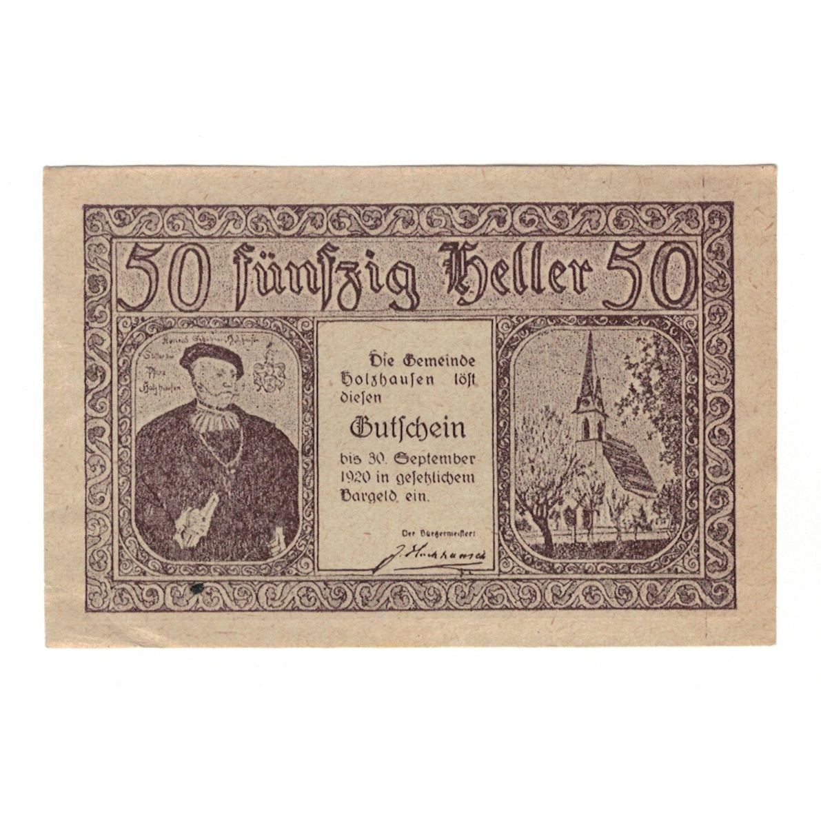Banknote, Austria, Holzhausen O.Ö. Gemeinde, 50 Heller, Batiment, 1920