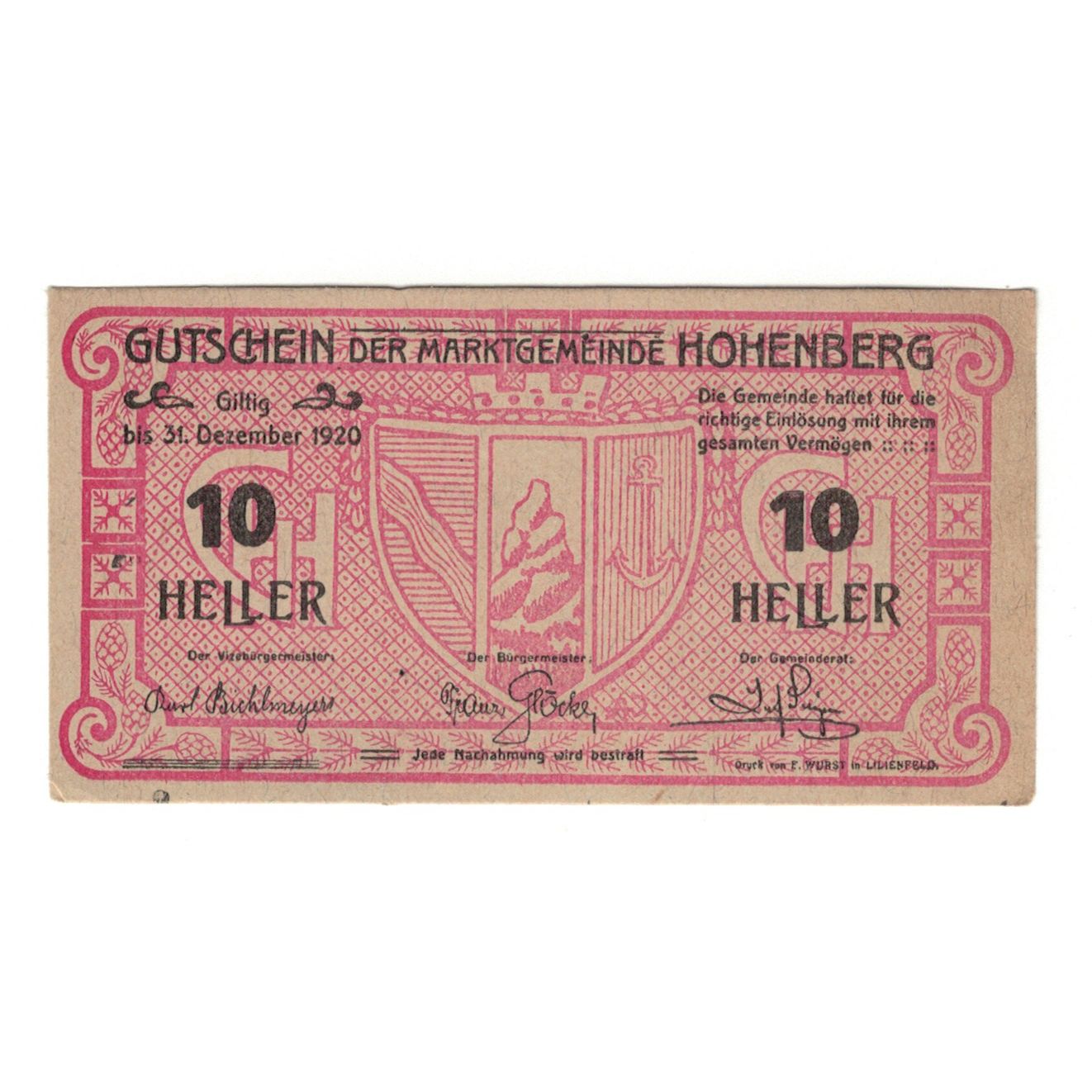 Banknote, Austria, Hohenberg N.Ö. Marktgemeinde, 10 Heller, N.D, 1920