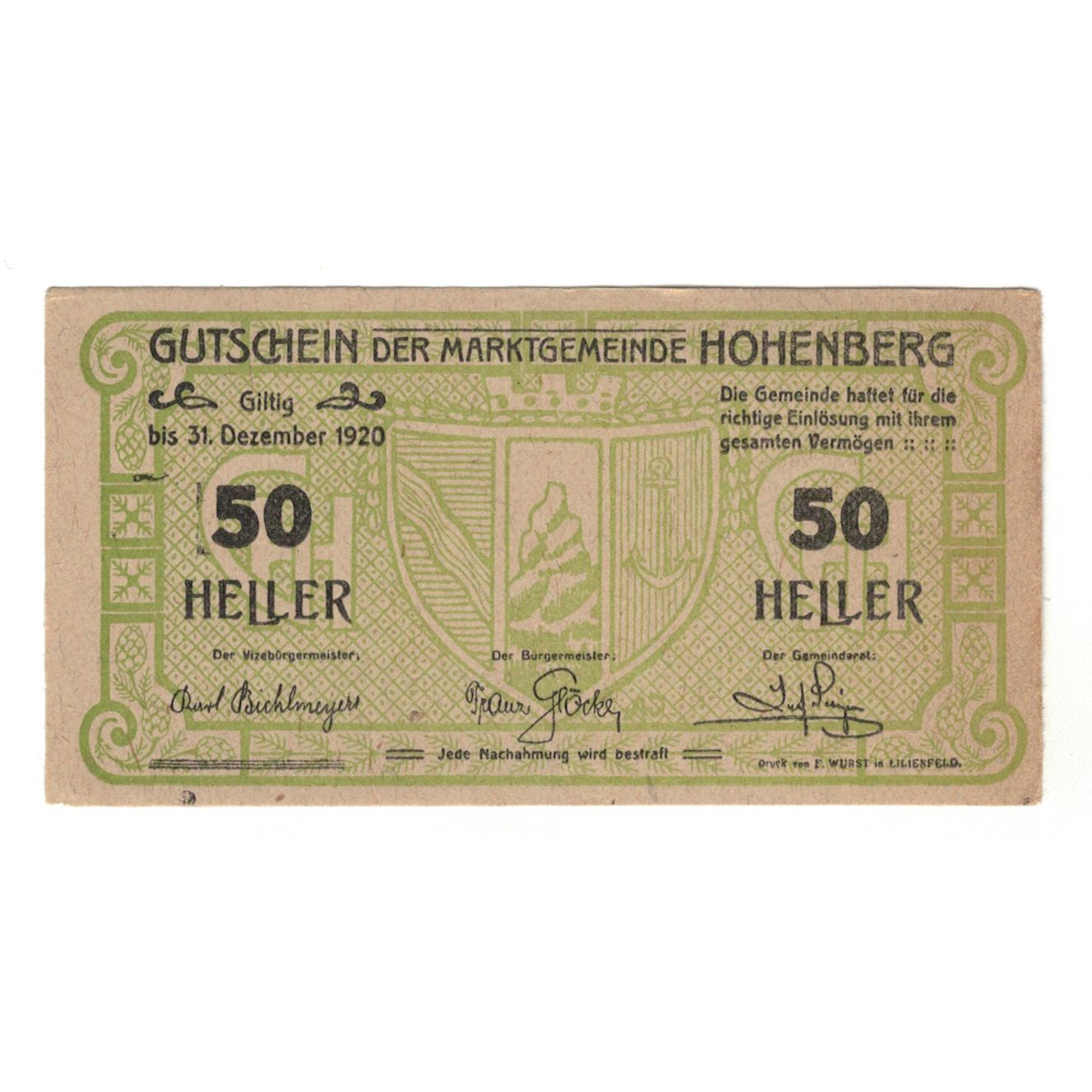 Banknote, Austria, Hohenberg N.Ö. Marktgemeinde, 50 Heller, N.D, 1920