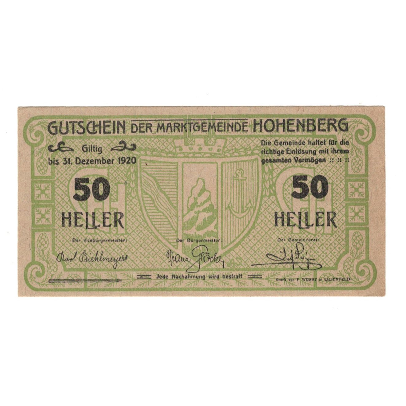 Banknote, Austria, Hohenberg N.Ö. Marktgemeinde, 50 Heller, N.D, 1920