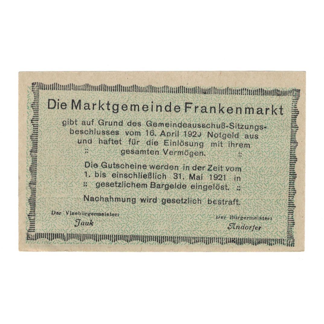 Banconote, Austria, Frankenmarkt, O.Ö., Gemeinde, 10 Heller, Texte, 1921