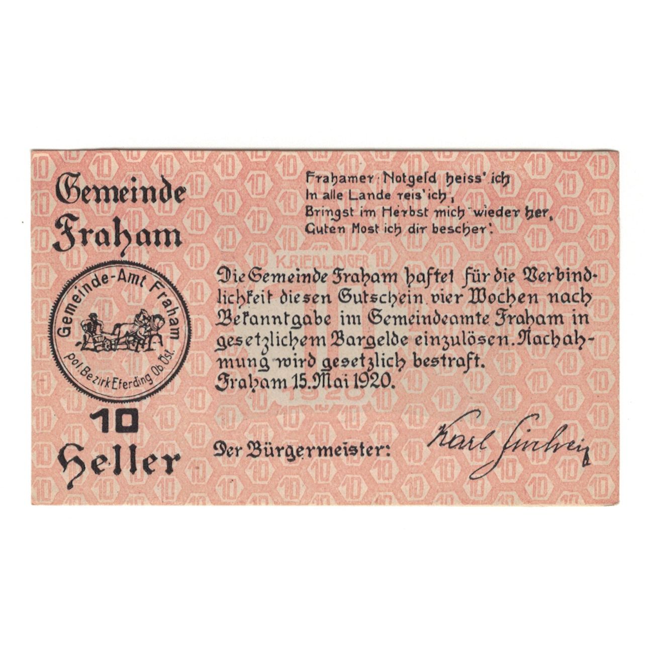 Banconote, Austria, Fraham O.Ö. Gemeinde, 10 Heller, Texte, 1920, 1920-05-15