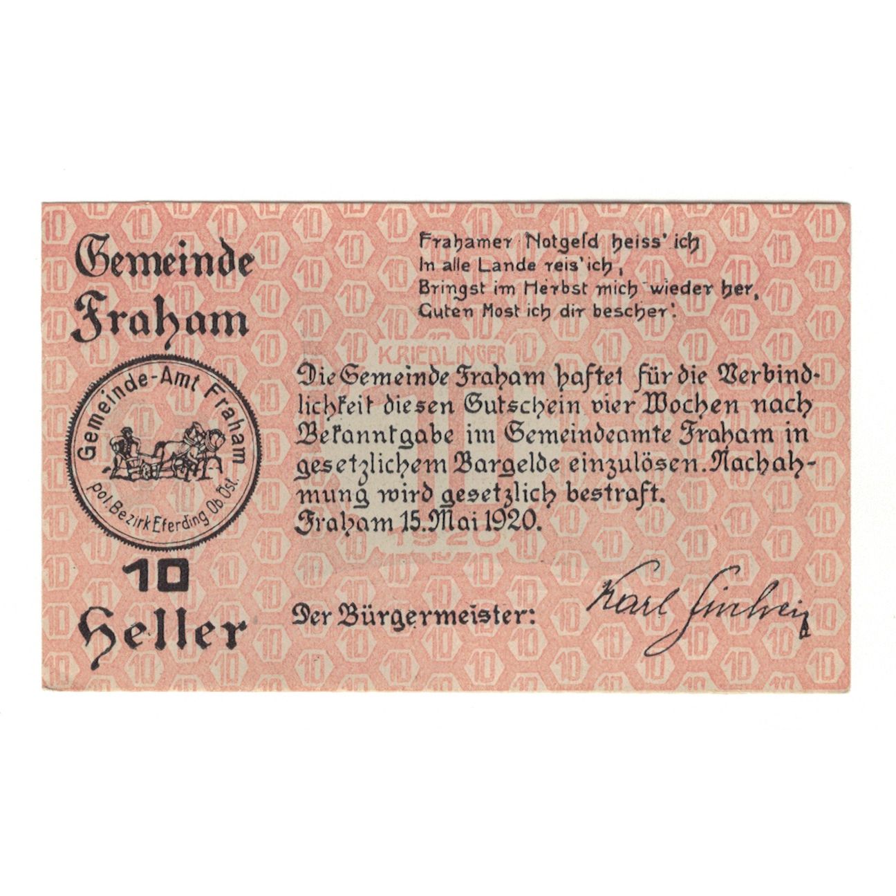 Banknote, Austria, Fraham O.Ö. Gemeinde, 10 Heller, texte 1, 1920, 1920-05-15