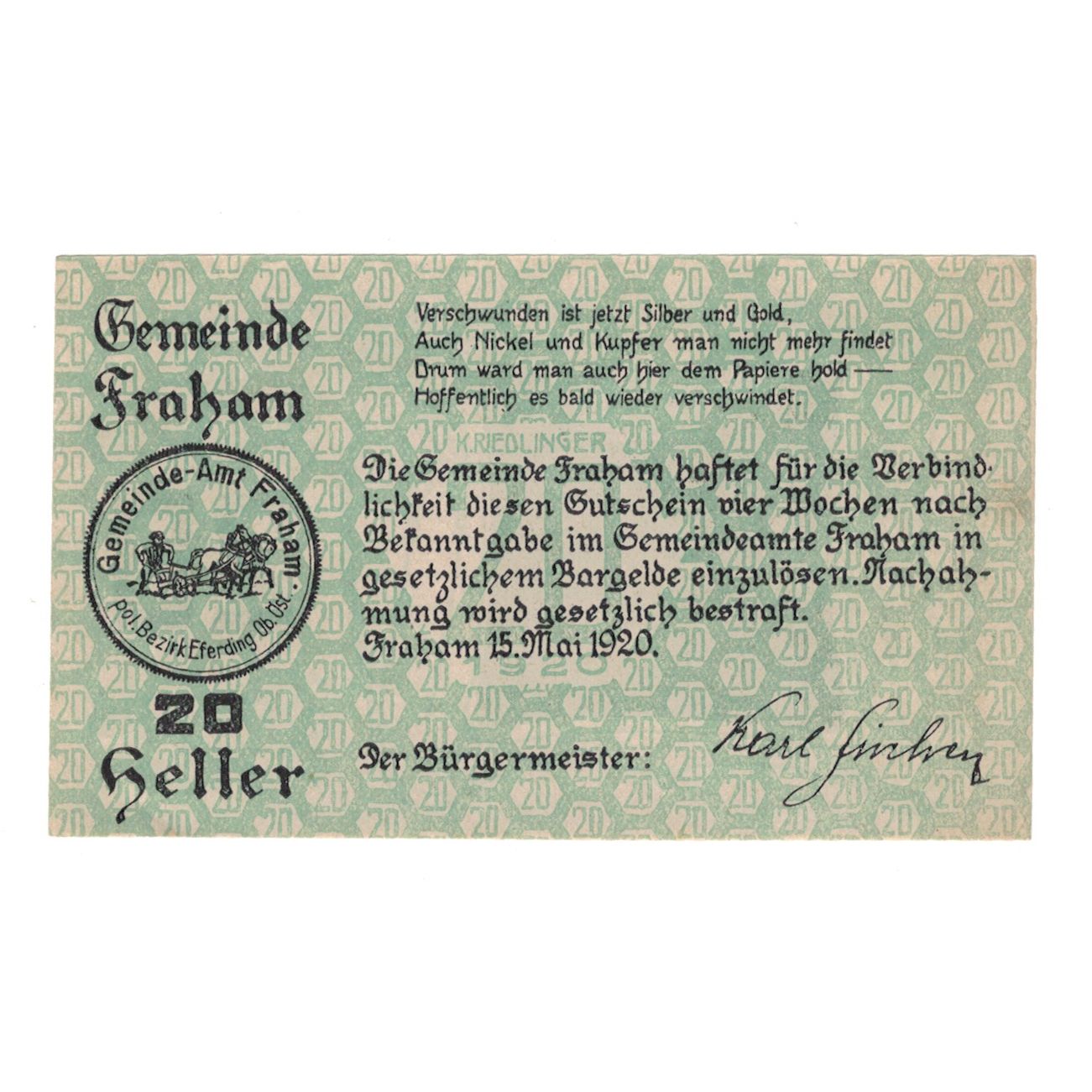 Banknote, Austria, Fraham O.Ö. Gemeinde, 20 Heller, Texte, 1920, 1920-05-15