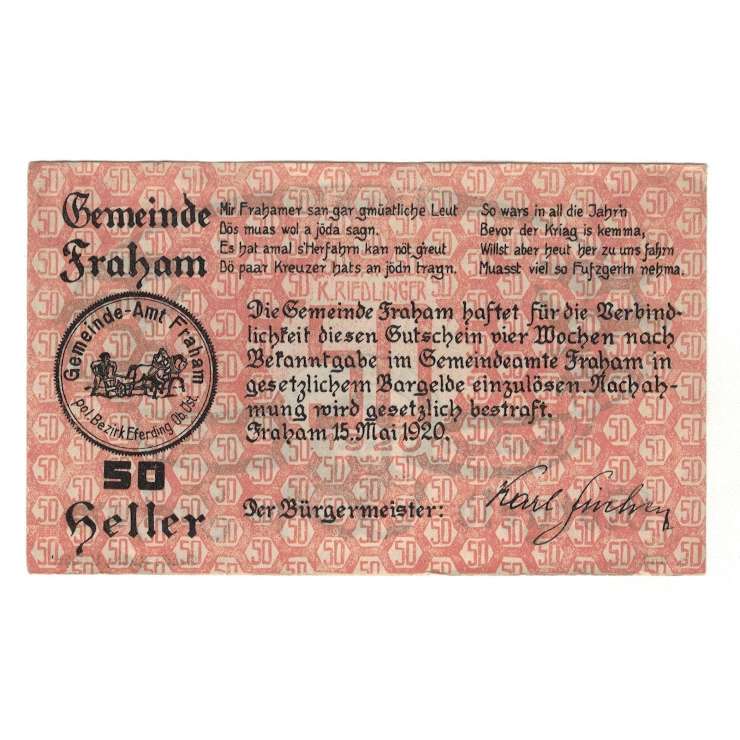 Banknote, Austria, Fraham O.Ö. Gemeinde, 50 Heller, Texte, 1920, 1920-05-15