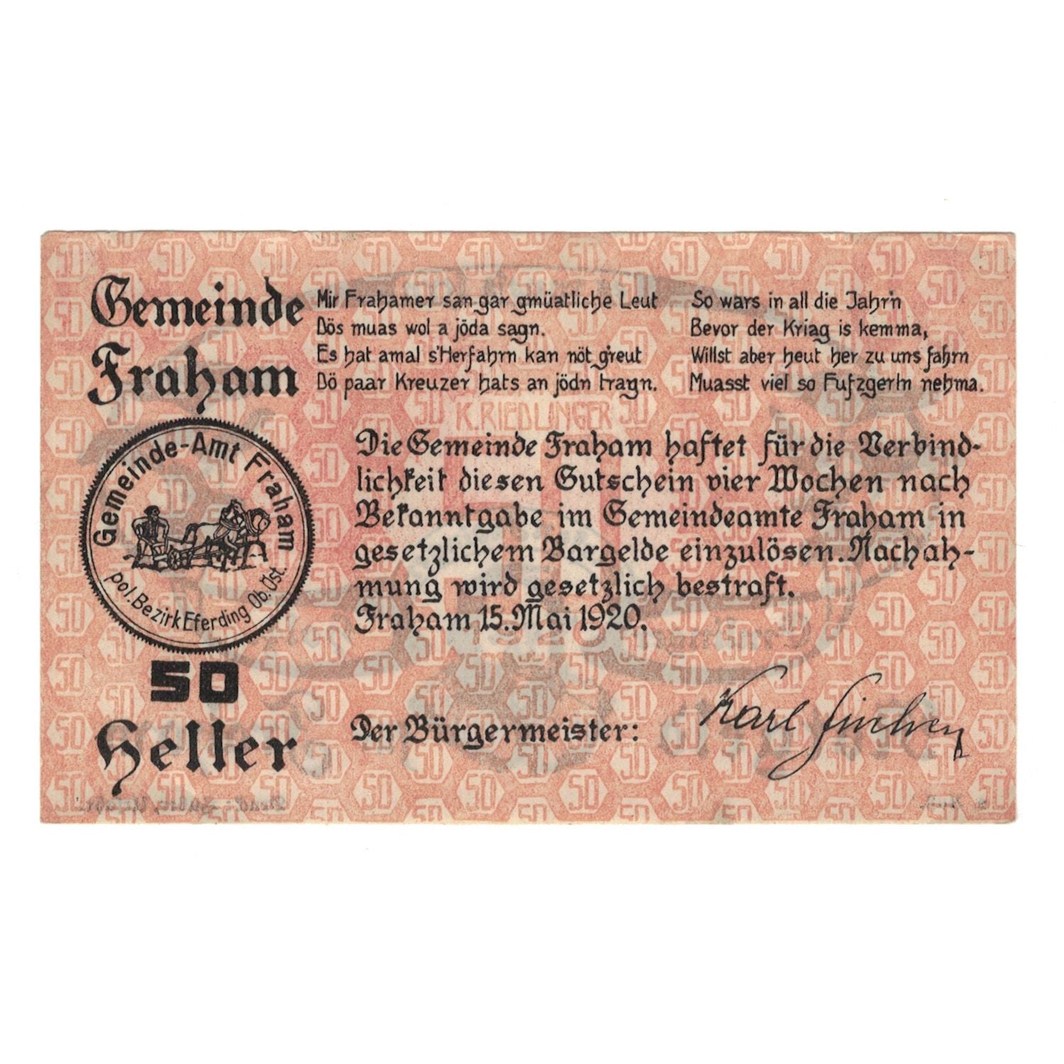 Banknote, Austria, Fraham O.Ö. Gemeinde, 50 Heller, texte 1, 1920, 1920-05-15