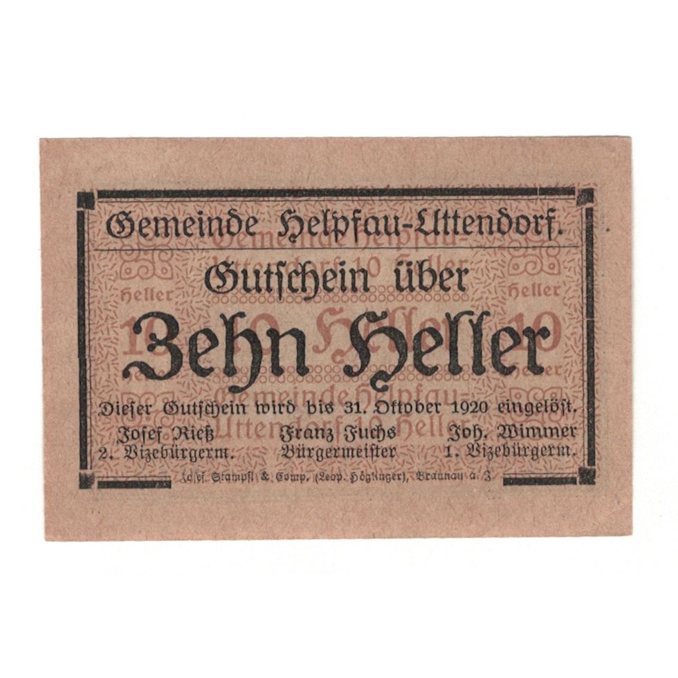 Banknote, Austria, Helpfau - Uttendorf O.Ö. Gemeinde, 10 Heller, paysage, 1920