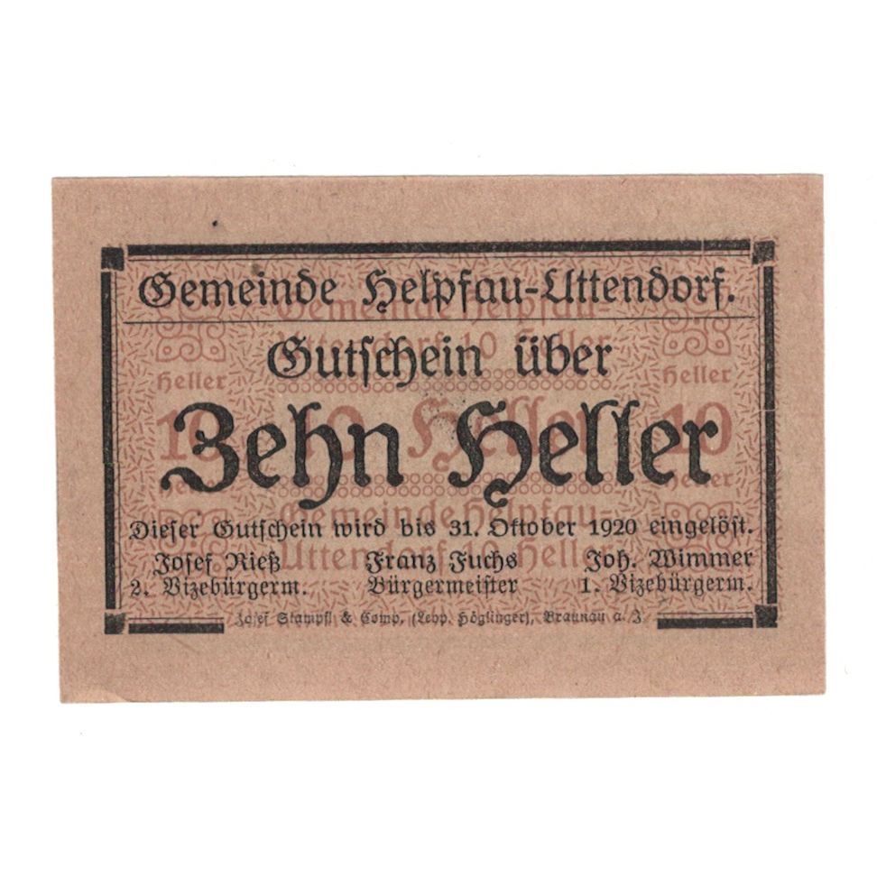 Banconote, Austria, Helpfau - Uttendorf O.Ö. Gemeinde, 10 Heller, paysage 1