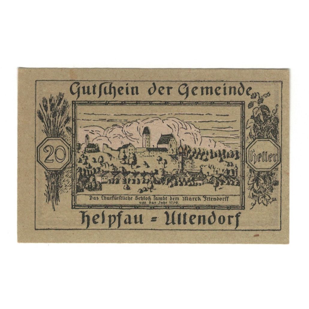 Nota, Áustria, Helpfau - Uttendorf O.Ö. Gemeinde, 20 Heller, Texte, 1920