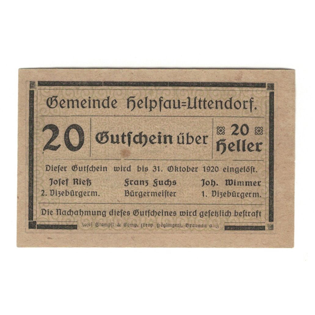 Nota, Áustria, Helpfau - Uttendorf O.Ö. Gemeinde, 20 Heller, Texte, 1920