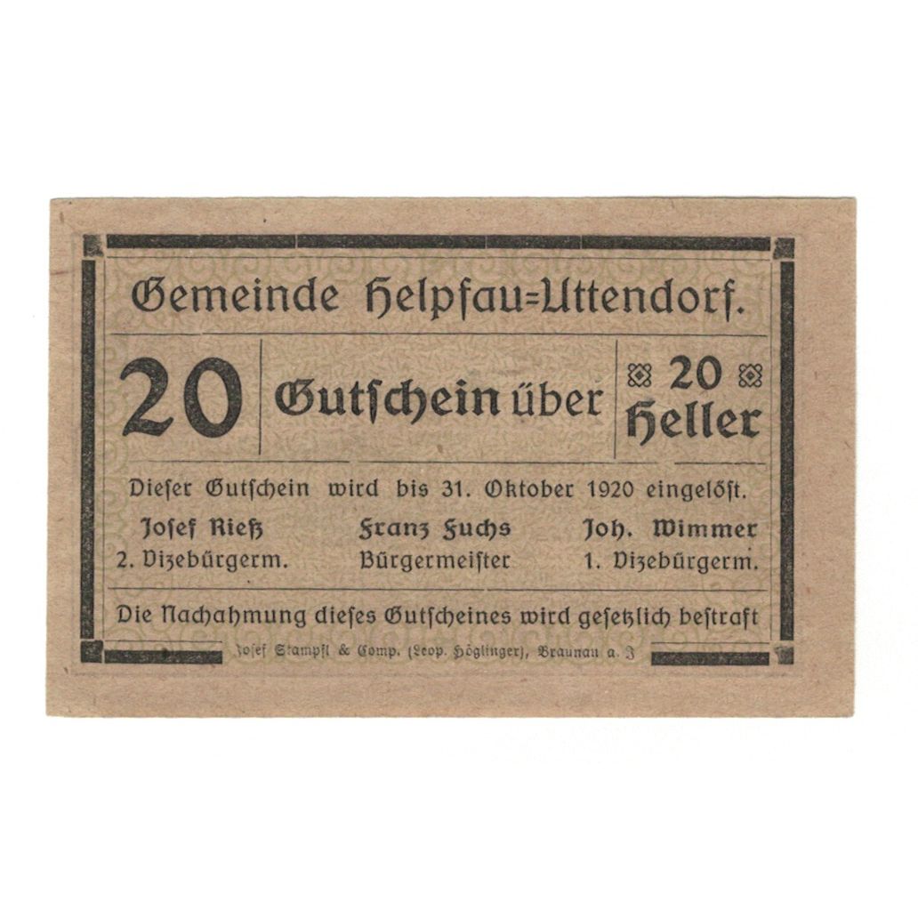 Billete, Austria, Helpfau - Uttendorf O.Ö. Gemeinde, 20 Heller, texte 1, 1920