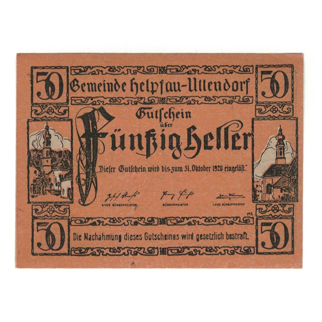 Banconote, Austria, Helpfau - Uttendorf O.Ö. Gemeinde, 50 Heller, Clocher 1