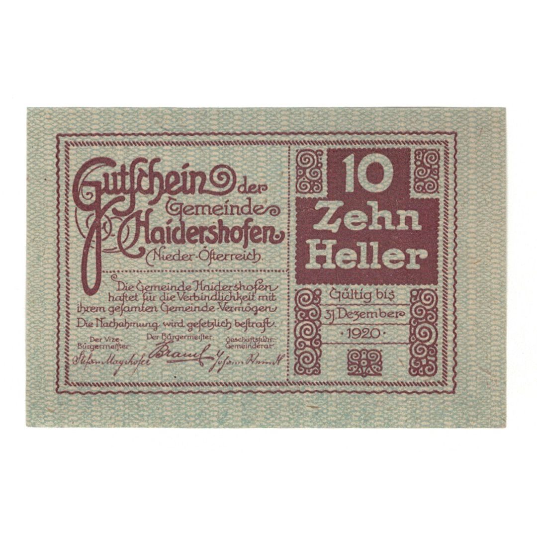Billete, Austria, Haidershofen N.Ö. Gemeinde, 10 Heller, paysage, 1920