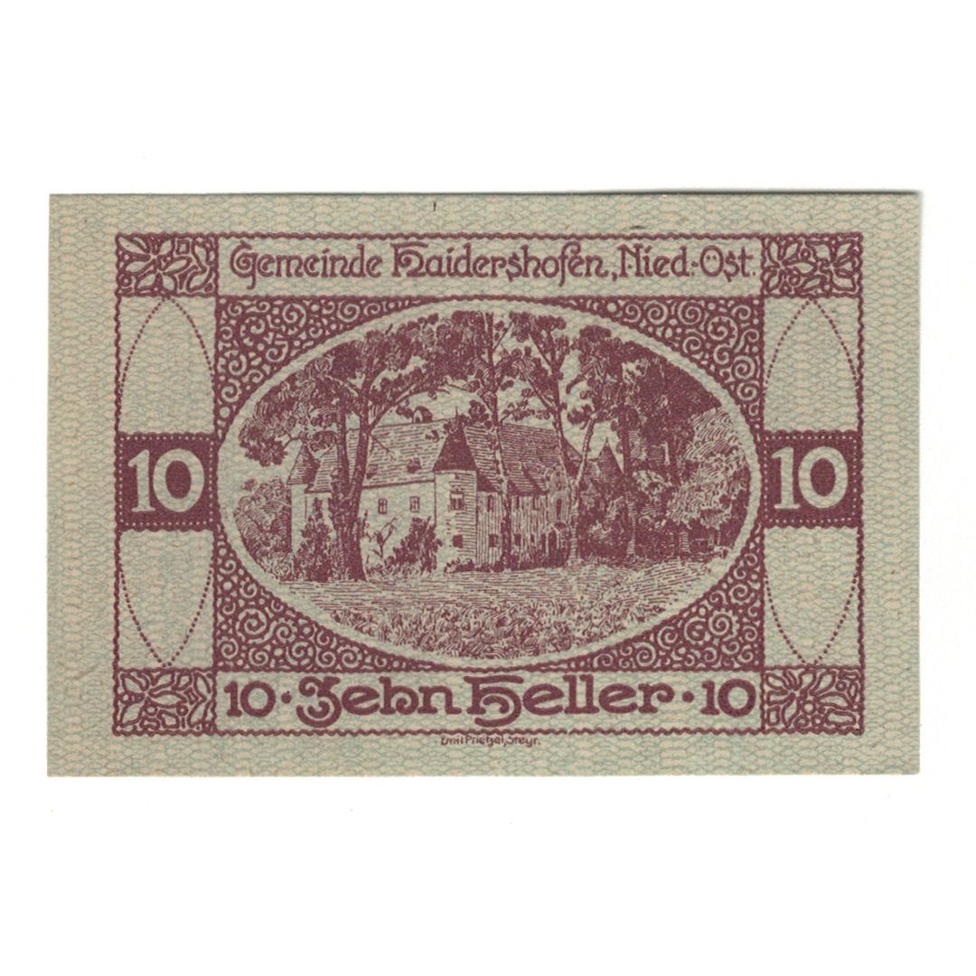 Billete, Austria, Haidershofen N.Ö. Gemeinde, 10 Heller, paysage, 1920