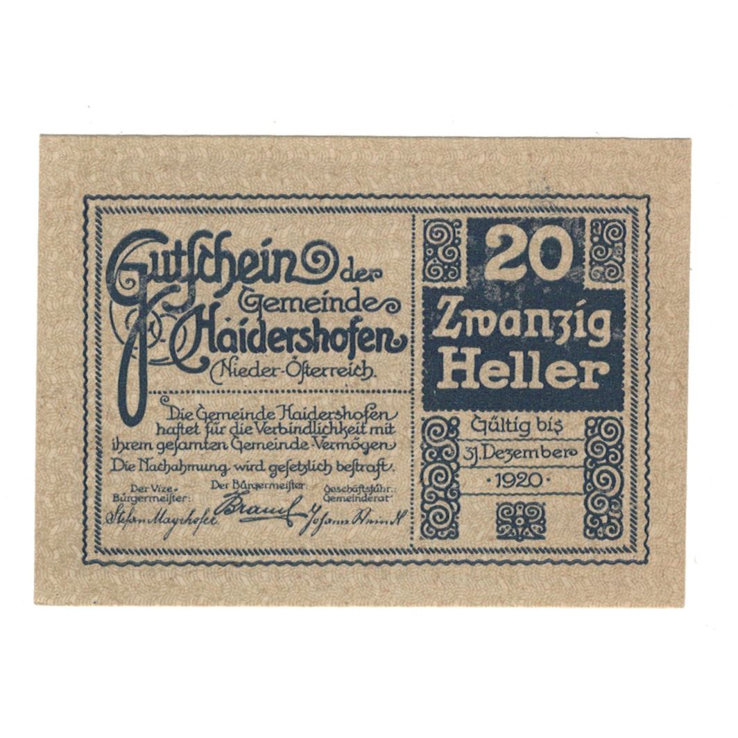 Billete, Austria, Haidershofen N.Ö. Gemeinde, 20 Heller, paysage, 1920
