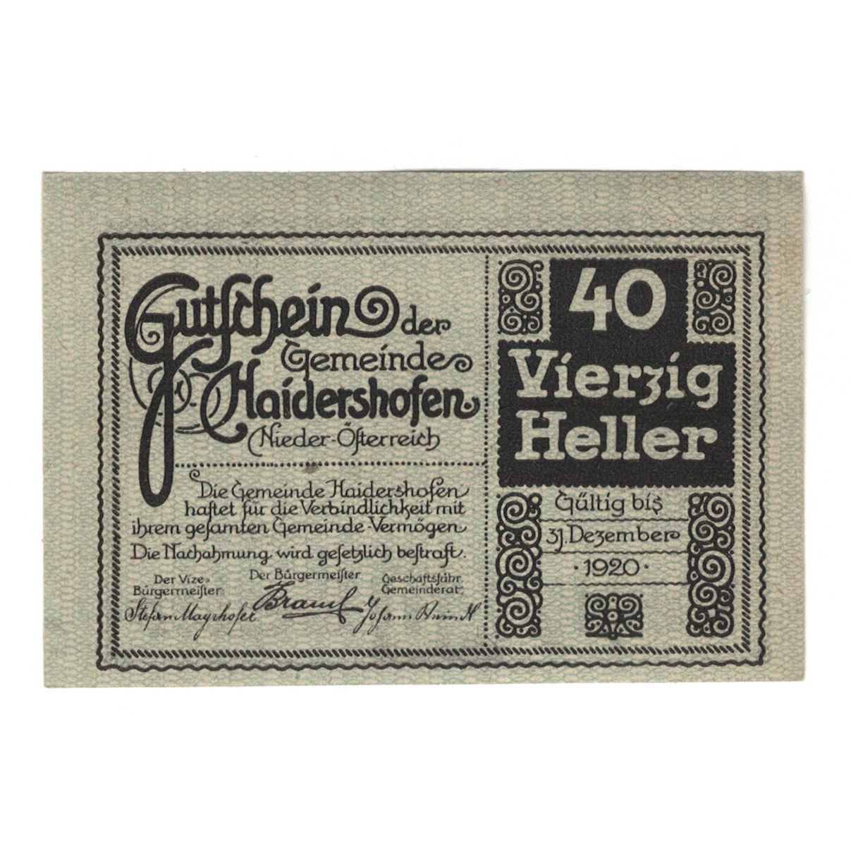 Banknote, Austria, Haidershofen N.Ö. Gemeinde, 40 Heller, paysage, 1920