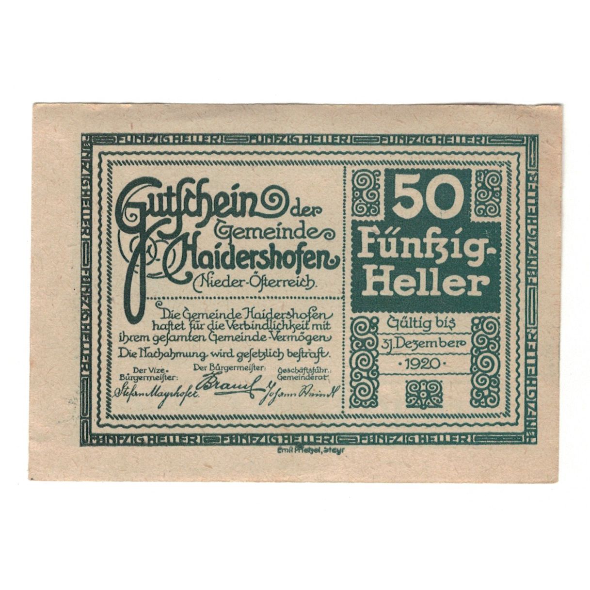 Billete, Austria, Haidershofen N.Ö. Gemeinde, 50 Heller, paysage, 1920