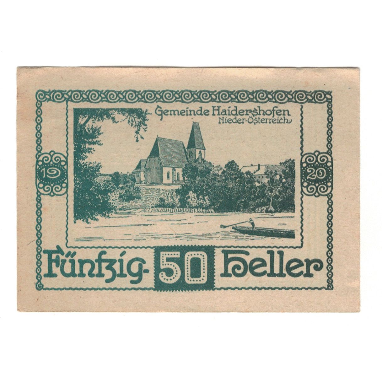 Billete, Austria, Haidershofen N.Ö. Gemeinde, 50 Heller, paysage, 1920