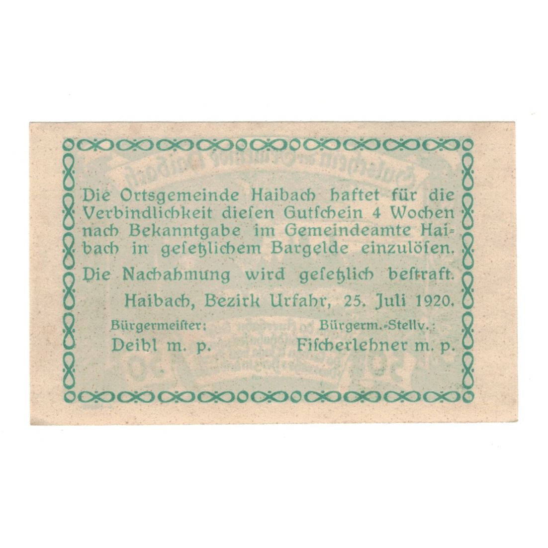 Billete, Austria, Haibach O.Ö. Ortsgemeinde, 50 Heller, texte 1, 1920