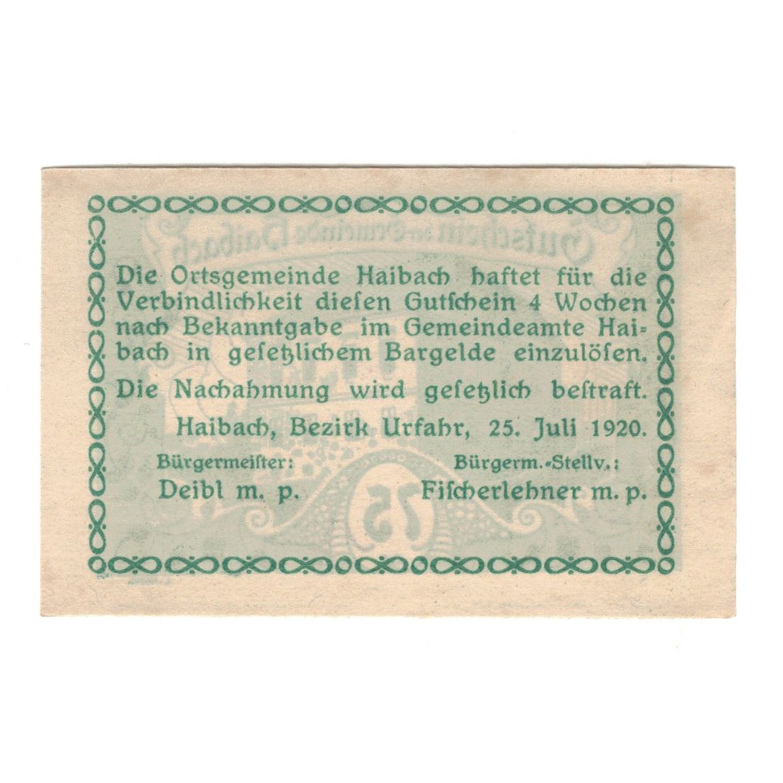 Banknote, Austria, Haibach O.Ö. Ortsgemeinde, 75 Heller, Texte, 1920