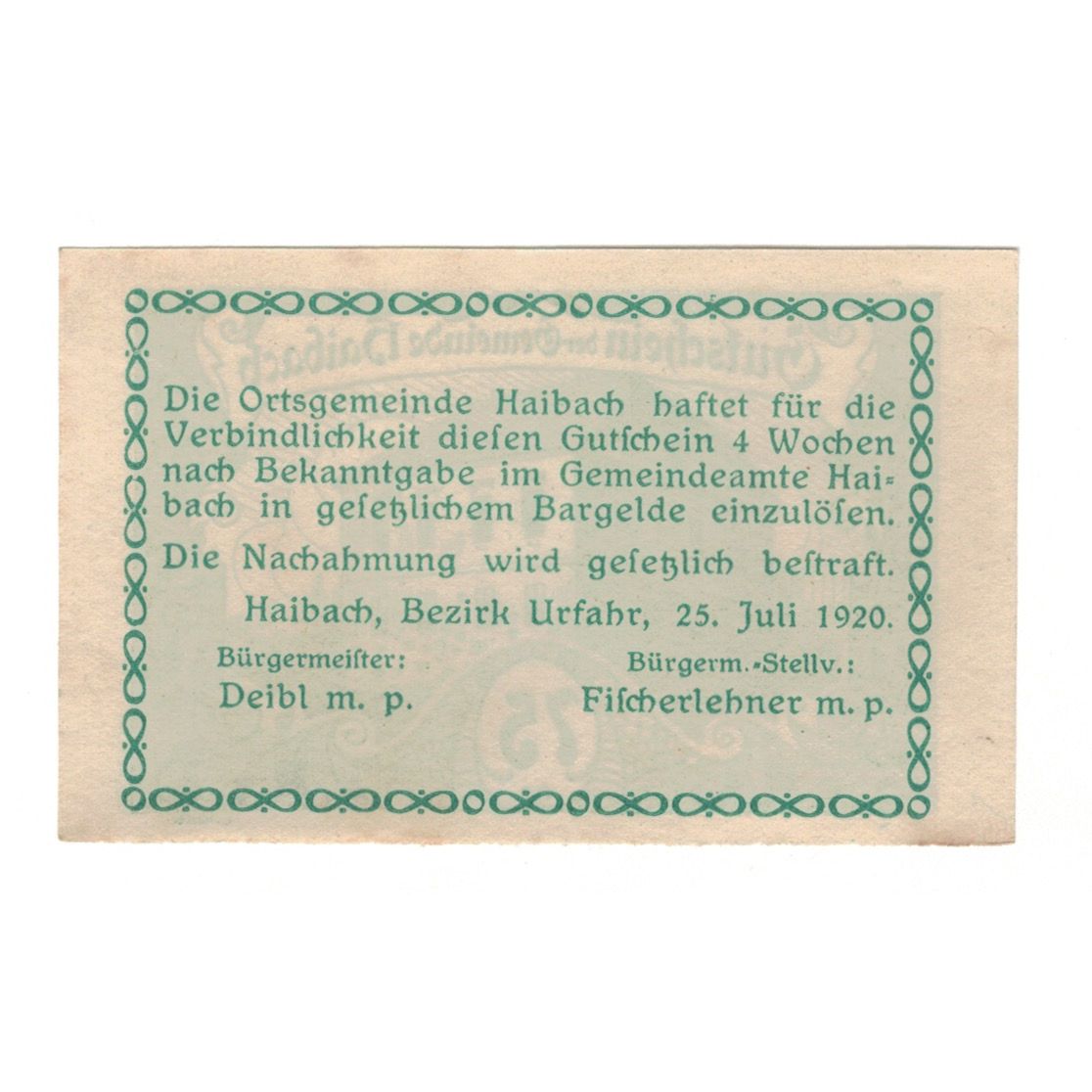 Banknote, Austria, Haibach O.Ö. Ortsgemeinde, 75 Heller, texte 1, 1920