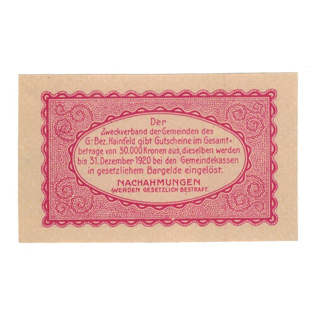 Banconote, Austria, Hainfeld Prv. Zweckverband, 10 Heller, Texte, 1920