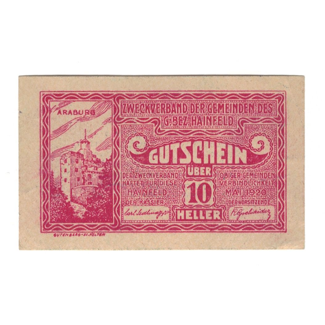 Geldschein, Österreich, Hainfeld Prv. Zweckverband, 10 Heller, texte 1, 1920