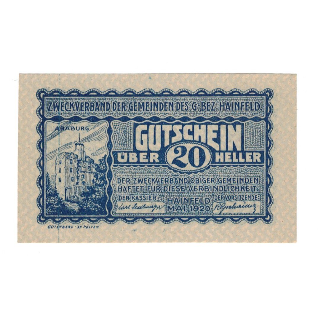 Banknot, Austria, Hainfeld Prv. Zweckverband, 20 Heller, texte 1, 1920