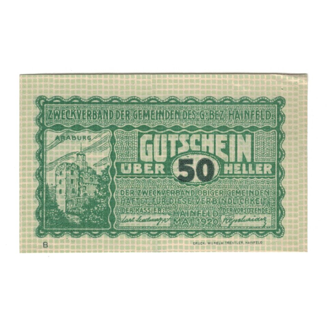 Banconote, Austria, Hainfeld Prv. Zweckverband, 50 Heller, Texte, 1920