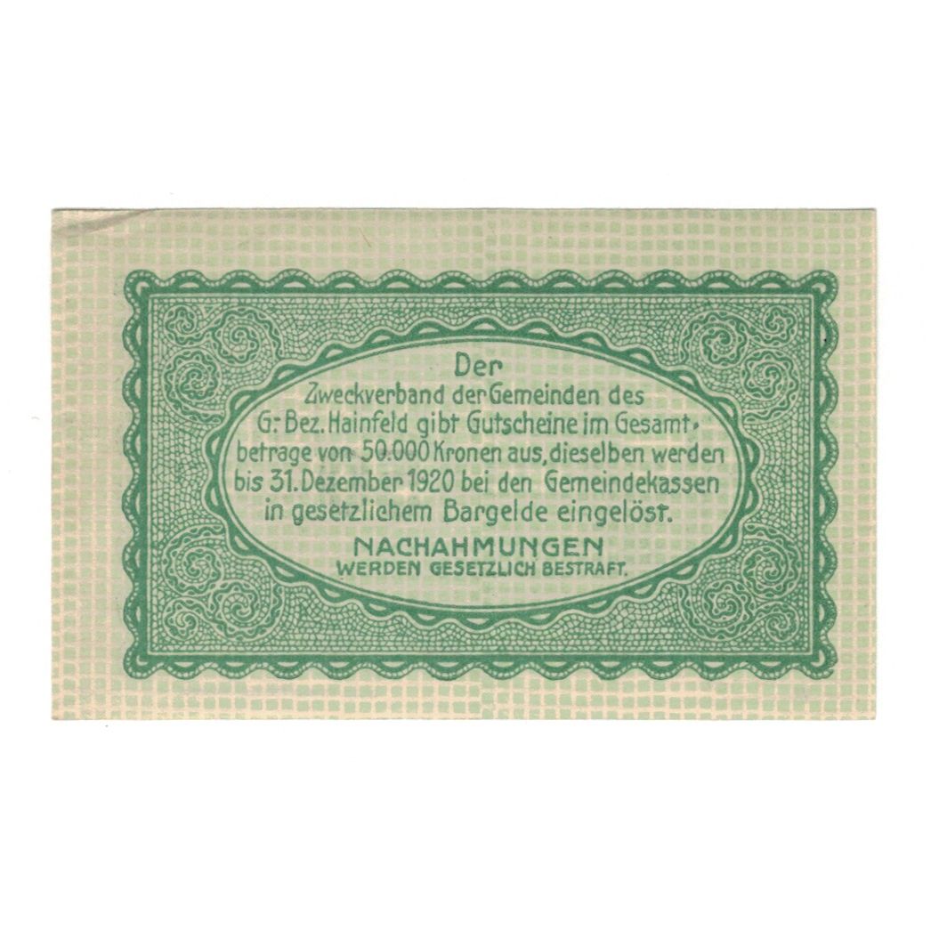 Banconote, Austria, Hainfeld Prv. Zweckverband, 50 Heller, Texte, 1920